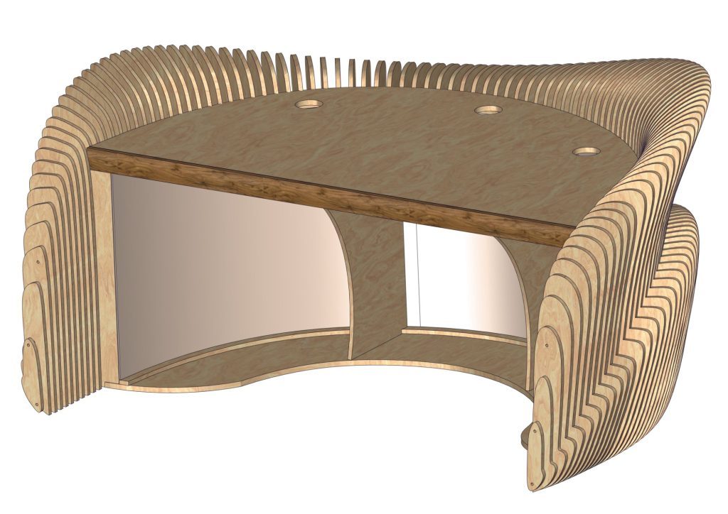 Parametric plywood DJ table with curved rib structure