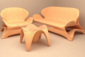 Plywood sofa, armchair and coffee table in parametric style.